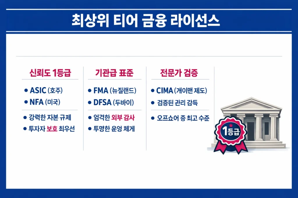 ASIC, NFA, FMA 등 신뢰도 높은 최상위 티어 해외 금융 라이선스 특징과 국가별 규제 표준 비교 인포그래픽.