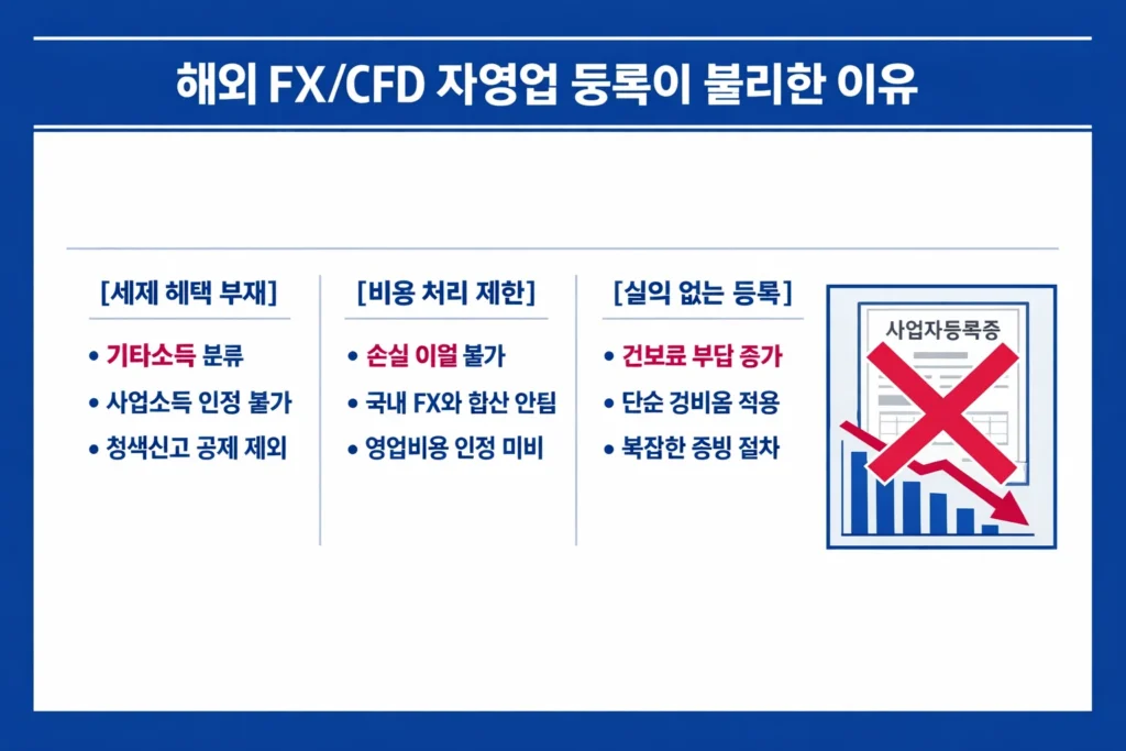 해외 FX 및 CFD 트레이딩 시 자영업자 등록이 불리한 이유를 세제 혜택, 비용 처리, 건보료 측면에서 분석한 인포그래픽.