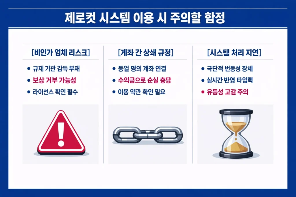 제로컷 시스템 이용 시 주의해야 할 비인가 업체, 계좌 상쇄, 시스템 지연 등 3가지 핵심 리스크를 요약한 인포그래픽.