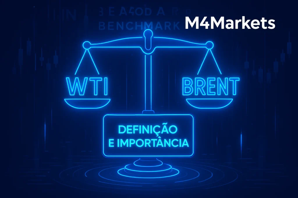 Imagem futurista ilustrando o equilíbrio entre WTI e Brent, destacando a importância dos benchmarks de petróleo no mercado global. (117 caracteres)