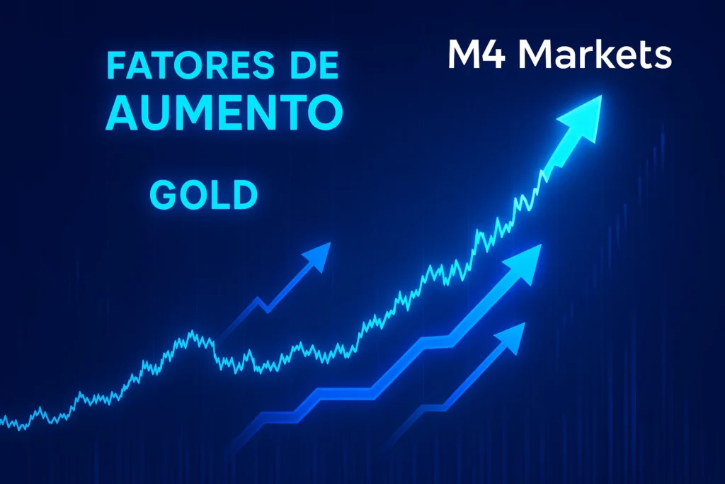 Representação futurista de vários fatores financeiros convergindo para impulsionar o preço do ouro, usando azuis brilhantes.
