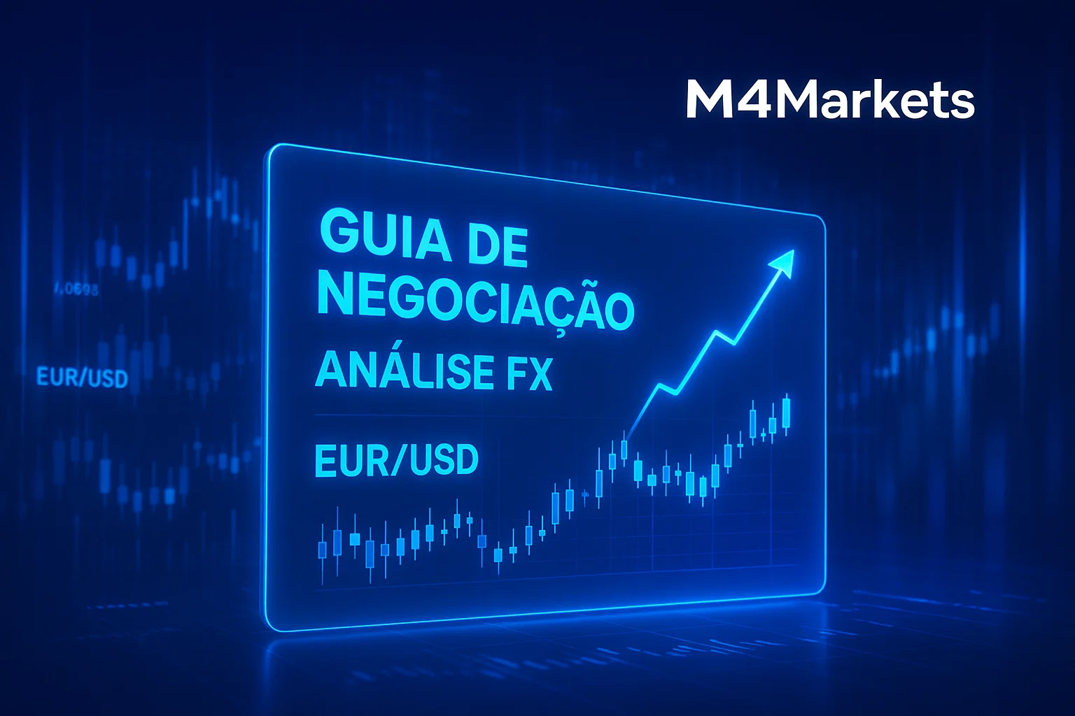 Gráfico futurista de negociação do EUR/USD com linhas neon, tela digital и rising trend line, representando um guia.