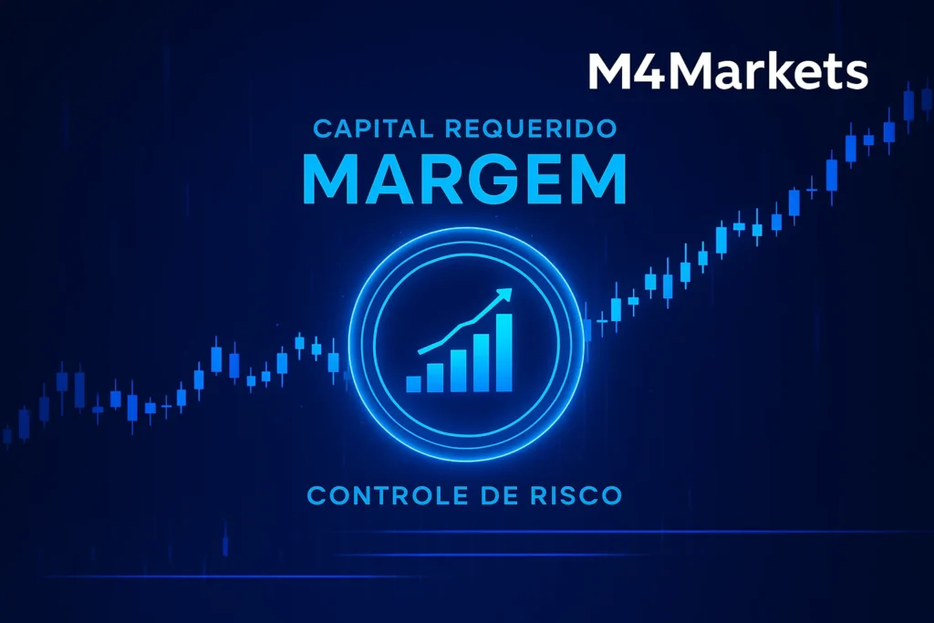Representação futurista do conceito de Margem em Forex, com elementos de segurança de capital e gráficos de negociação em azul neon sobre fundo escuro.