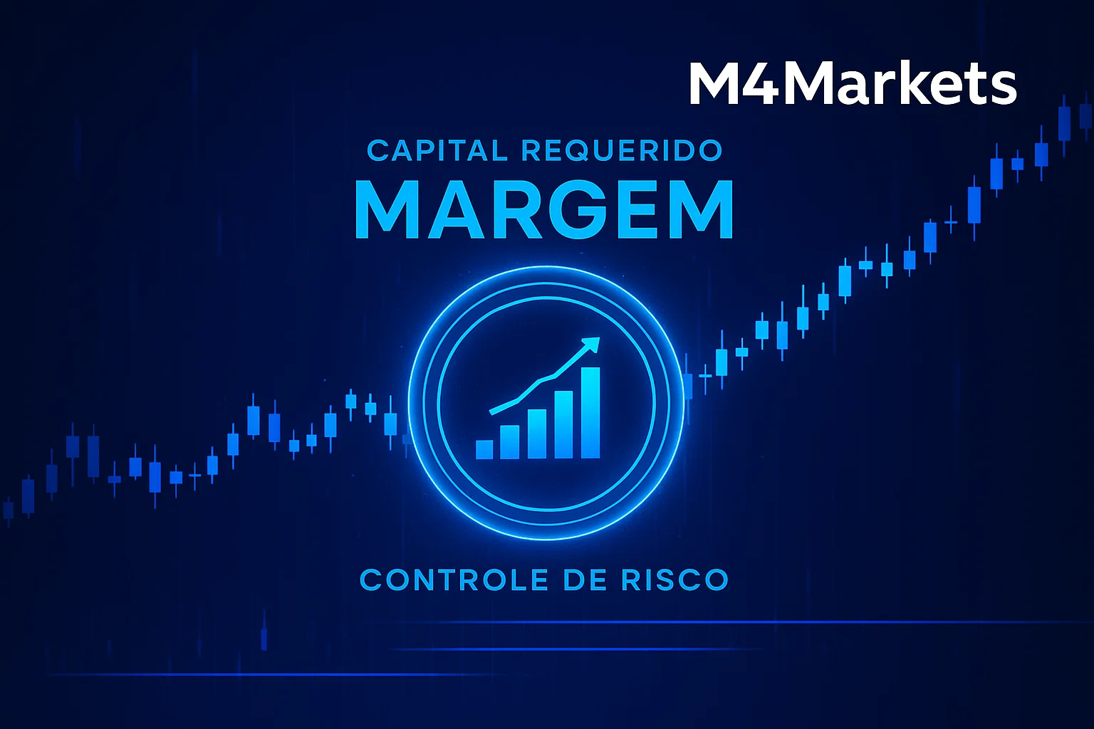 Representação futurista do conceito de Margem em Forex, com elementos de segurança de capital e gráficos de negociação em azul neon sobre fundo escuro.
