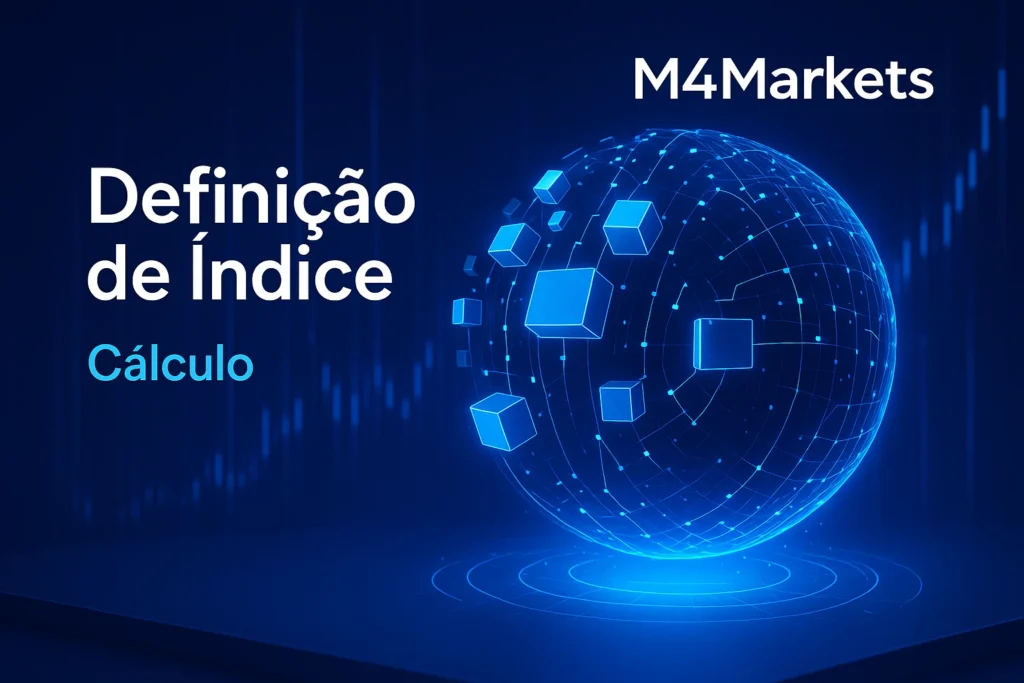 Imagem digital que ilustra a composição de um índice financeiro, com gráficos luminosos e o texto "Definição de Índice" em português.