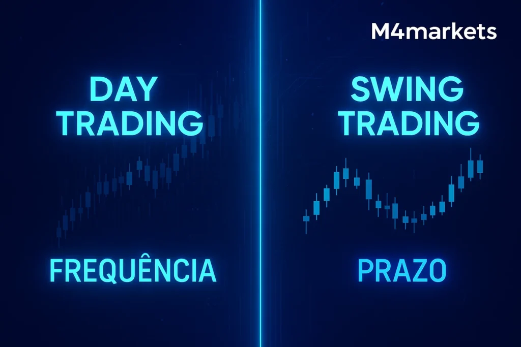 Representação visual da diferença entre Day Trading (alta frequência) e Swing Trading (longo prazo) com texto em Português.