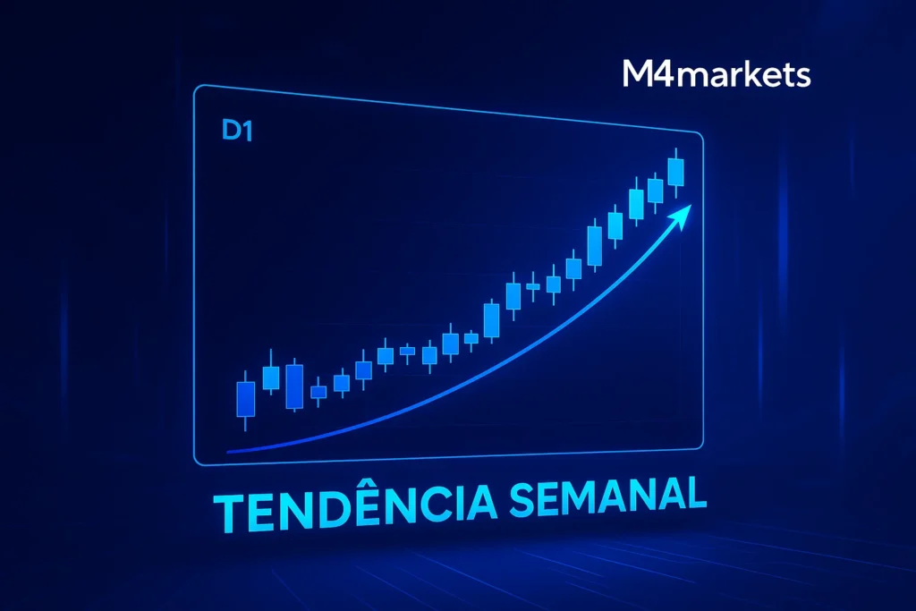 Imagem futurista com gráfico diário mostrando uma tendência longa e texto 'TENDÊNCIA SEMANAL', ilustrando a essência do Swing Trading.