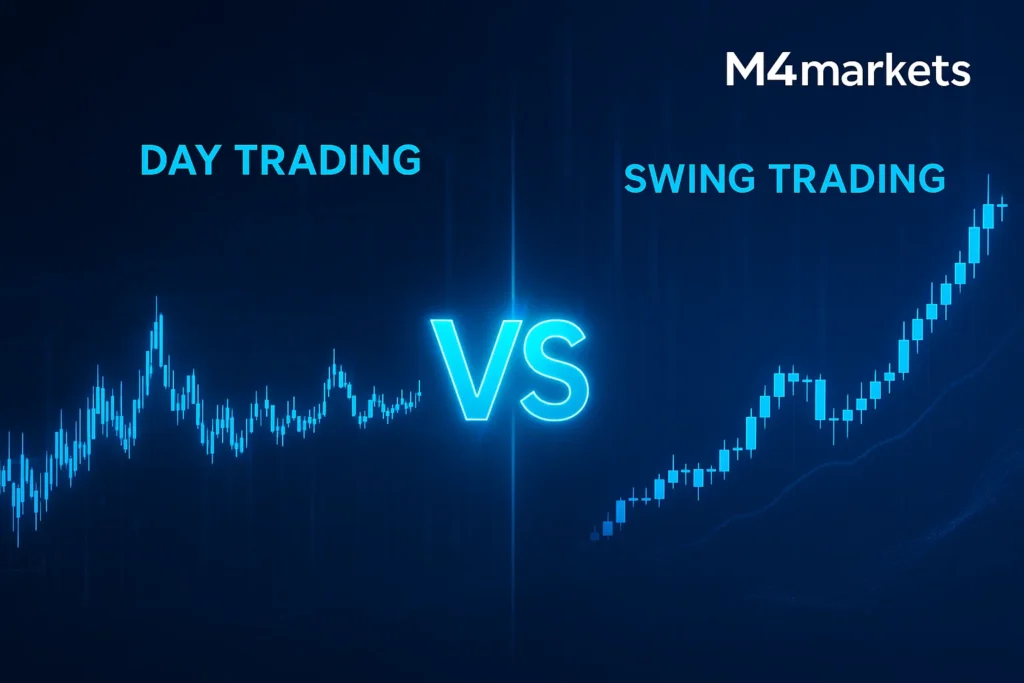 Imagem futurista de contraste mostrando Day Trading (gráficos rápidos) e Swing Trading (tendências longas) lado a lado para ilustrar a diferença.