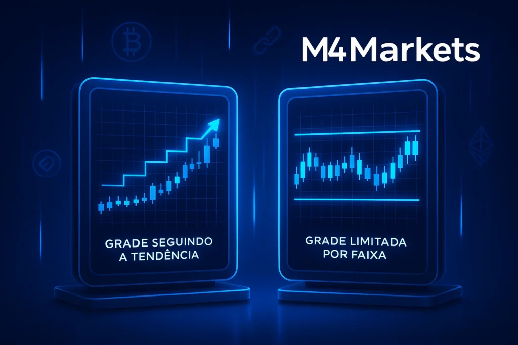 Comparação visual em néon de dois tipos de gráficos de Grid Trading: um para seguir a tendência e outro para faixas de preço limitadas.
