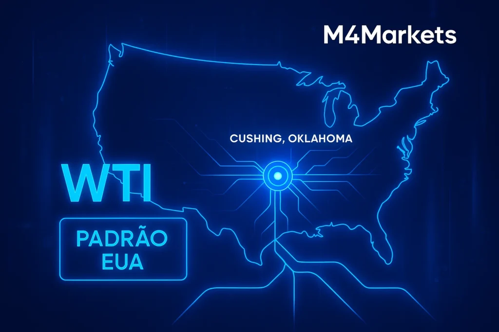 Imagem de alta tecnologia do WTI, com destaque para Cushing, Oklahoma, e a rede de dutos, representando o padrão de petróleo dos EUA. (119 caracteres)