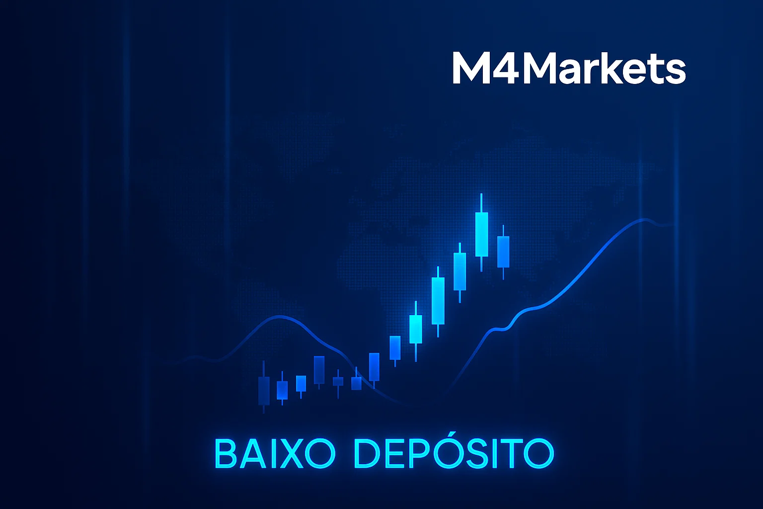 Imagem futurista de negociação forex com gráficos e luzes azuis, destacando "BAIXO DEPÓSITO" e o logotipo M4Markets no canto superior.