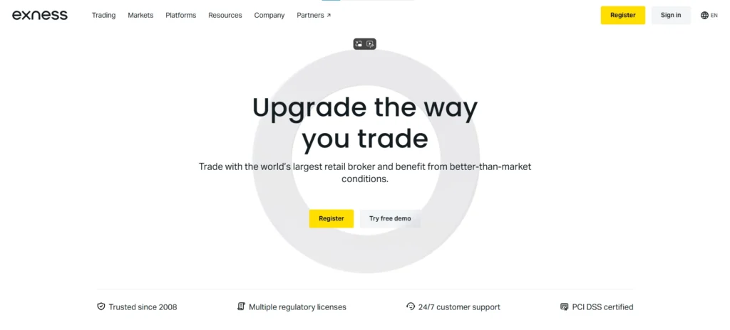 Plataforma de negociação Exness destacando spreads ultrabaixos e retiradas instantâneas via PIX no Brasil.