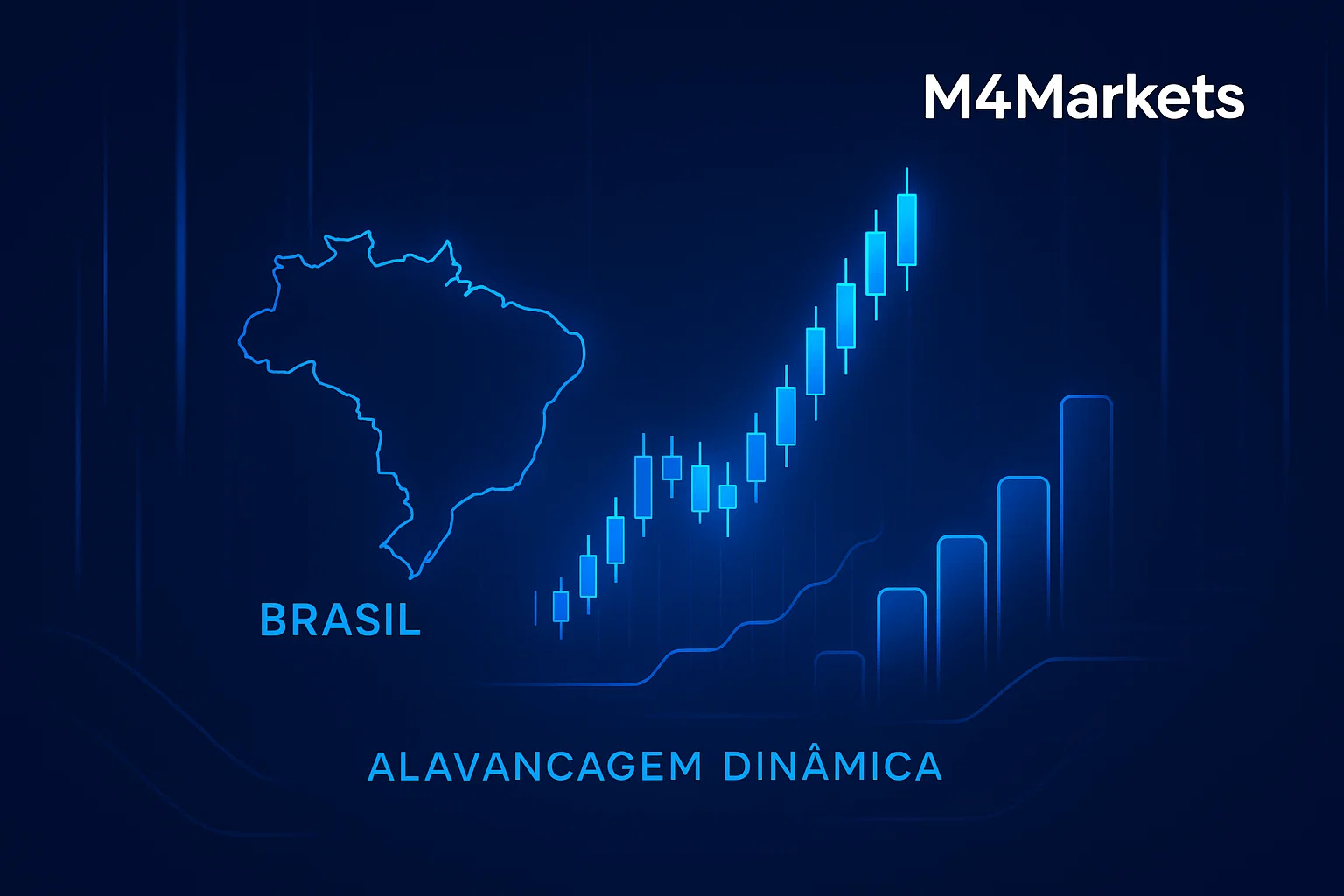 Imagem futurista de negociação financeira no Brasil com gráficos digitais brilhantes. Foco em alavancagem dinâmica e sucesso de mercado.