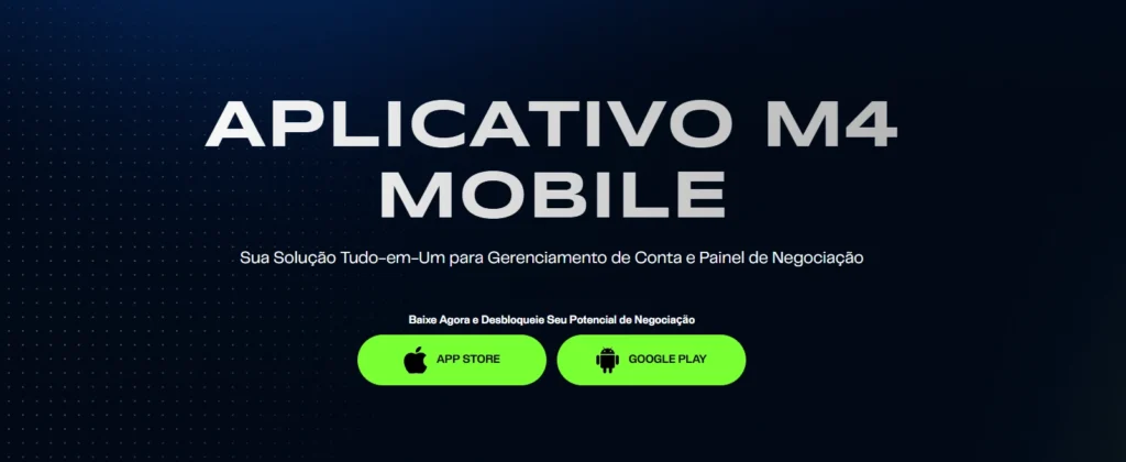 Tela do aplicativo móvel M4markets com gráficos e indicadores MT4/MT5, destacando a execução rápida e spreads baixos.