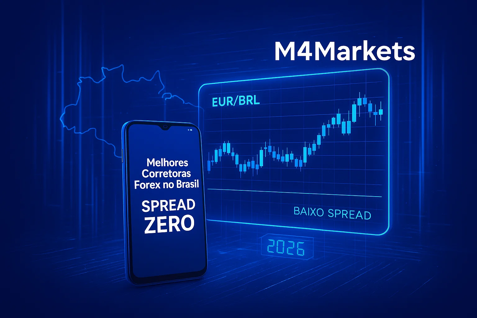 Ilustração futurista de negociação forex com gráficos e spread baixo, destacando o mercado brasileiro e a marca M4Markets.
