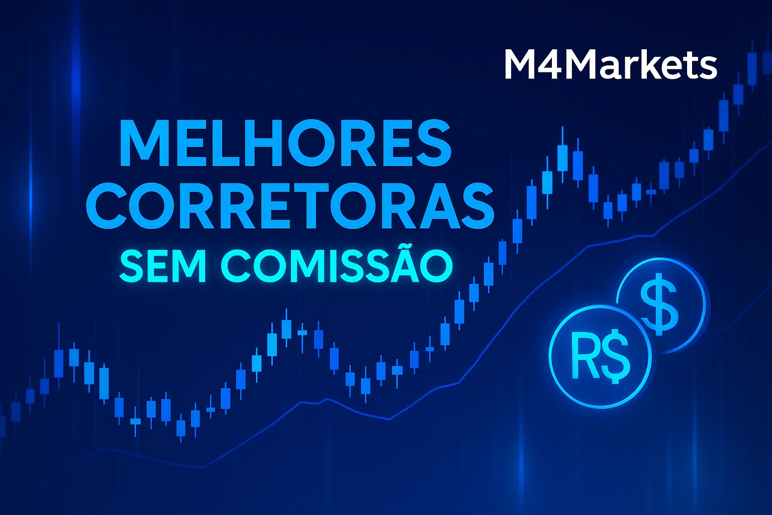 Visão futurista e tecnológica do sucesso em negociação Forex sem comissão, com gráficos de preços dinâmicos em tons de azul néon e o logo M4Markets no canto superior direito.