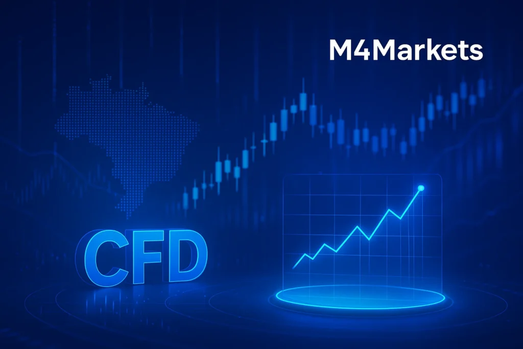 Visão futurista e tecnológica das melhores plataformas de negociação CFD no Brasil, destacando gráficos em neon azul e o logo M4Markets.