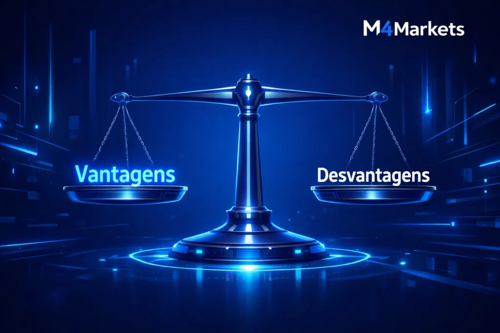 Gráfico digital futurista mostrando prós e contras da FP Markets em português com elementos neon.