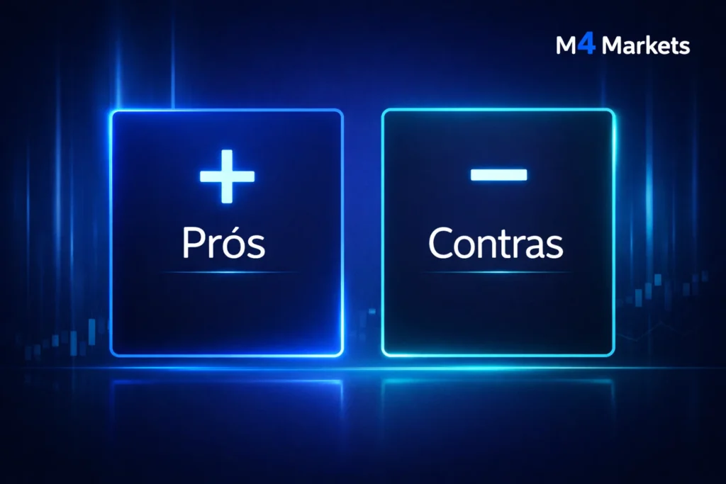 Prós e contras da CMC Market representados em um estilo visual futurista e profissional.