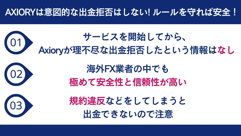 AXIORYは意図的な出金拒否はしない! ルールを守れば安全！