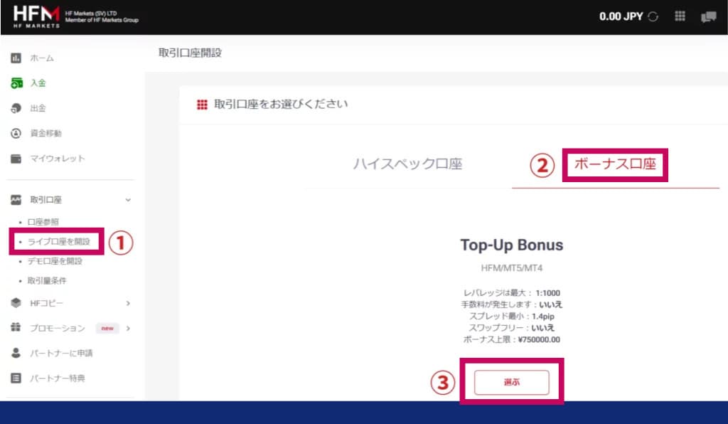 HFMの入金ボーナス専用口座の開設方法