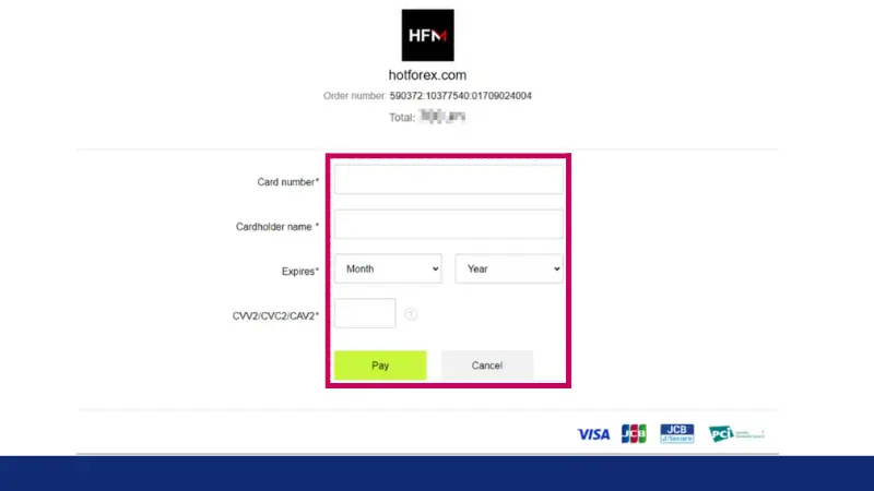 HFMのクレジットカードで入金する手順5、カード情報を入力