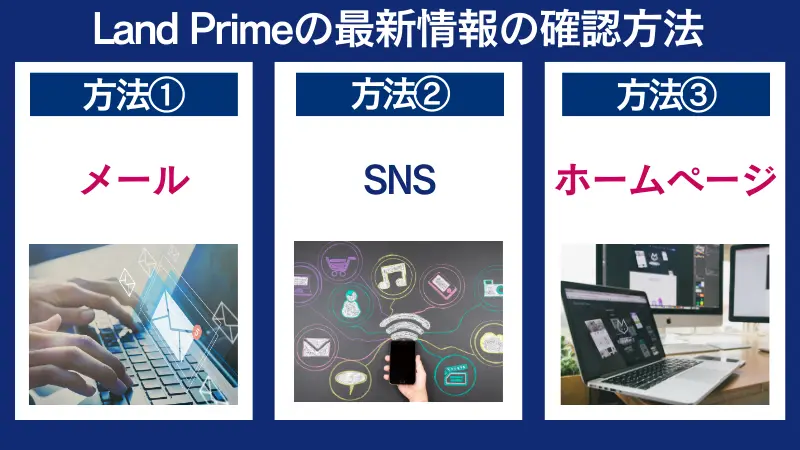 Land Primeのボーナス情報は、メール・SNS・ホームページで確認できる