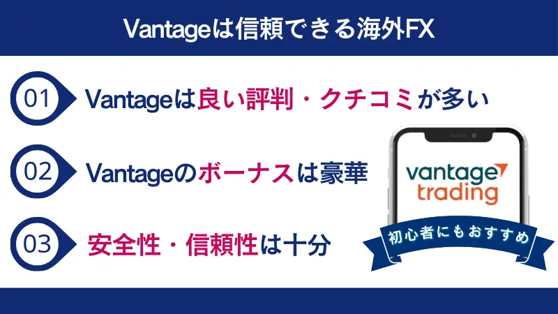 Vantageの評判は良いものが多く、ボーナスは豪華で安全性・信頼性も高いといえる