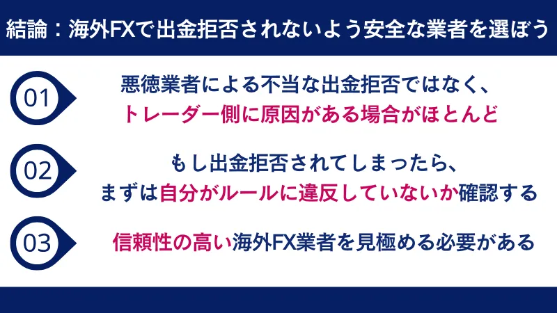 海外FXで出金拒否されないためには、安全なFX業者を選びことが重要