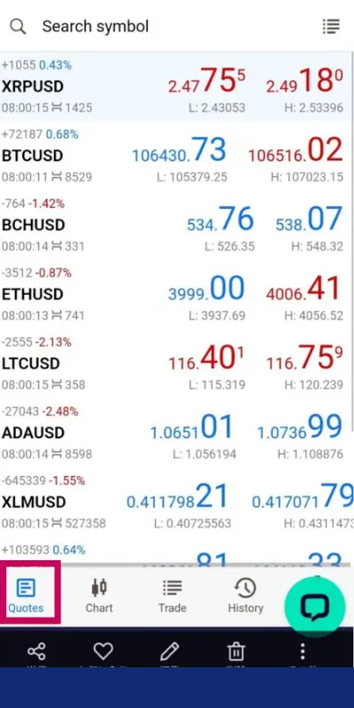 画面下部のメニューから「気配値」(Quotes)を選択