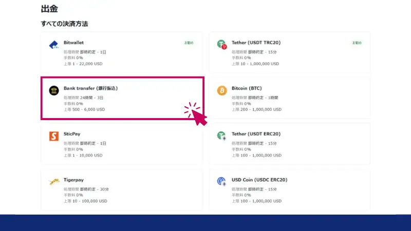 出金方法で「Bank transfer（銀行振込）」を選択しクリック