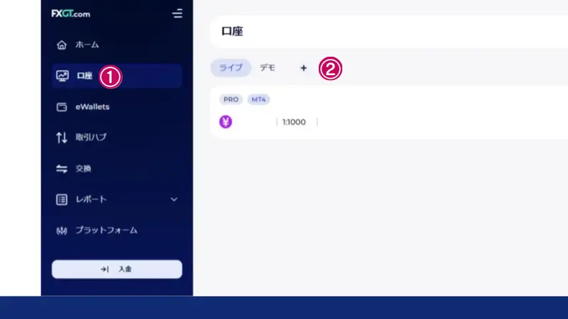 FXGTの会員ページへログインしたら画面左メニューの「口座」をクリックし、続いて画面右エリアの「+」をクリック