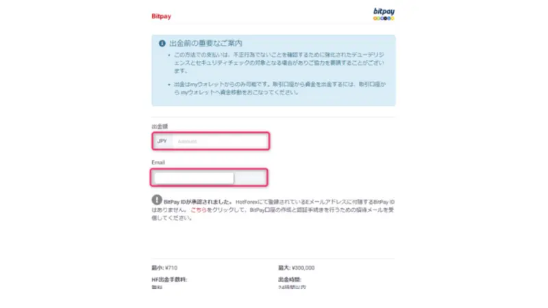 出金額とBit Payの登録情報を入力