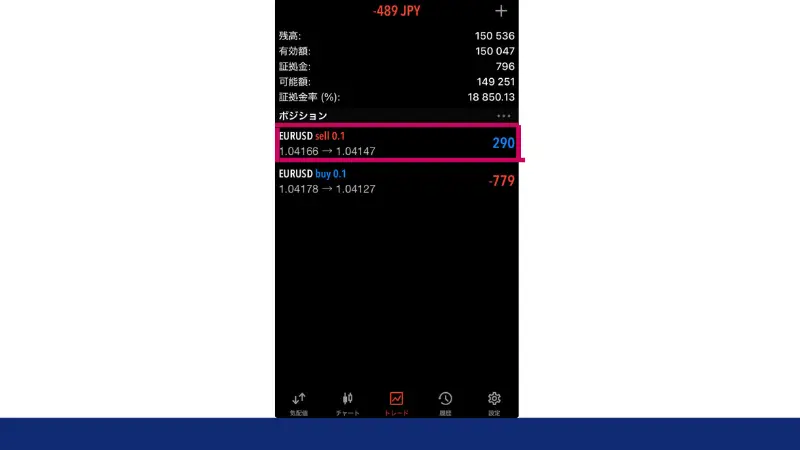 FXGTで両建てをして決済したいポジションをタップ