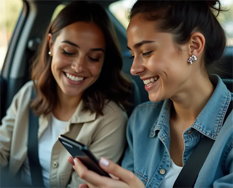 Two girls in a car looking at a smartphone and giggling.