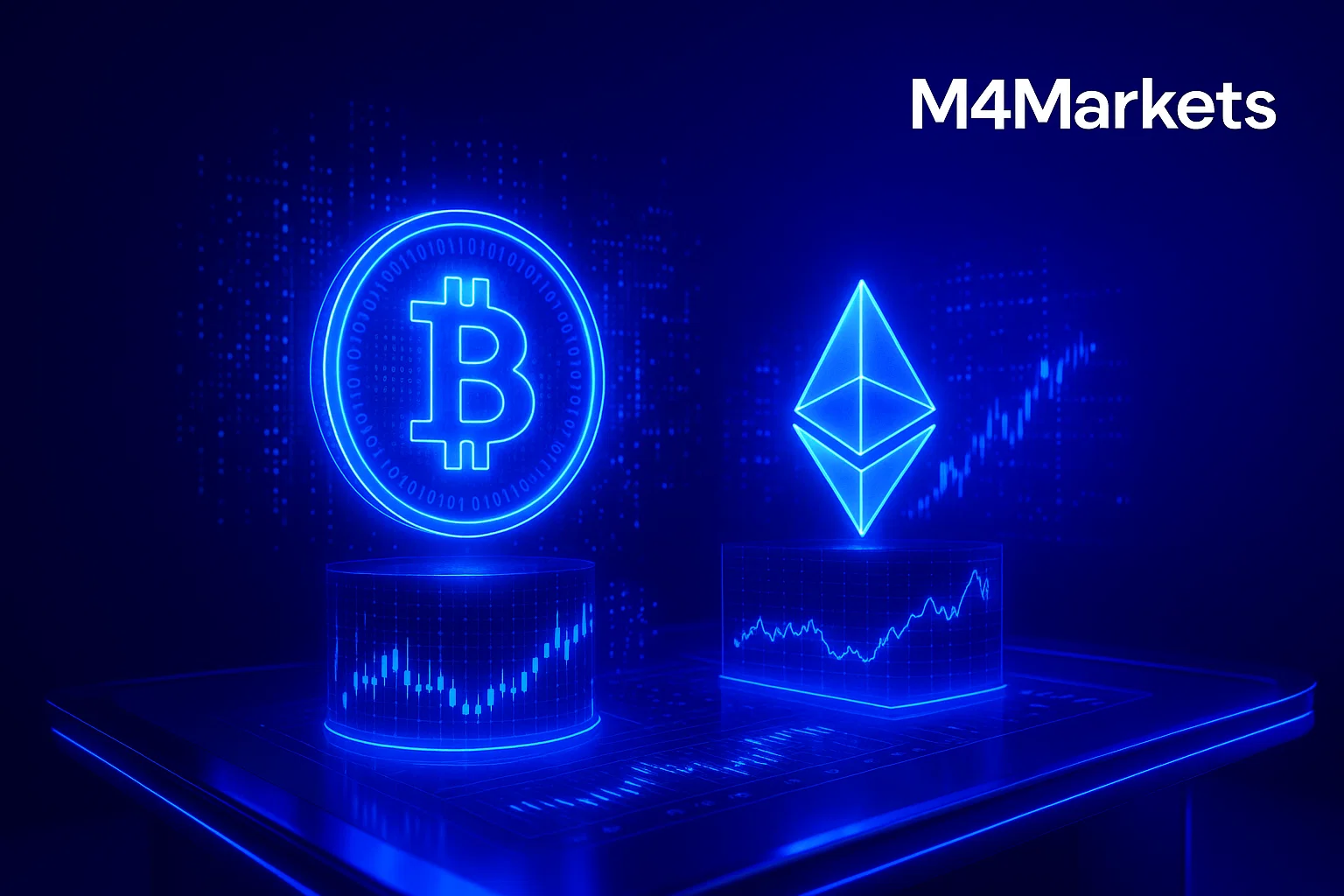 암호화폐 거래 가이드 이미지. 비트코인과 이더리움 로고가 빛나는 디지털 거래 환경